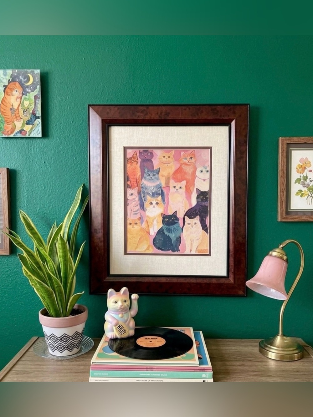 Colorful Cats Canvas Art Print Framed & Matted Wall Hang Art Kitties Whimsical